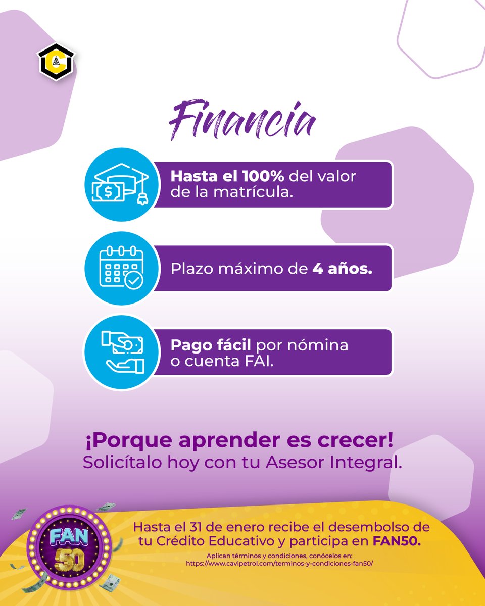 Tu educación, tu evolución 🎓
Financia tus estudios con el Crédito Educativo de Cavipetrol, con tasa desde 0,87% M.V.
 
👉 Solicítalo aquí:
cavipetrol.com/productos-y-se…