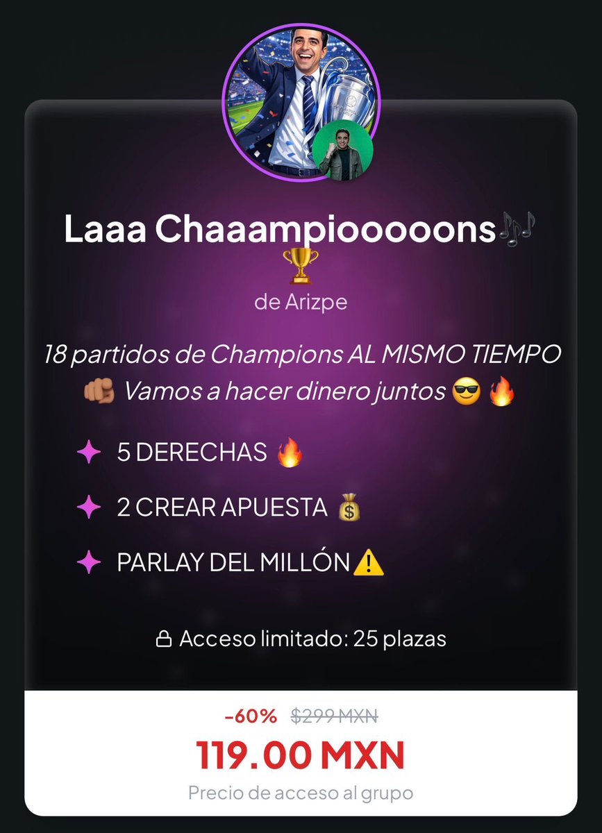 Directo y a la cabeza:
Te dejo entre 8 y 9 tickets de la #ChampionsLeague y a los que entren les digo:

Si no tienen ganancia con lo que les doy, la jornada del viernes de Liga MX es gratis para Uds.

Así de confiado estoy con mis tickets 

👇👇👇
tipsterchat.com/shop/d5secvl9q…