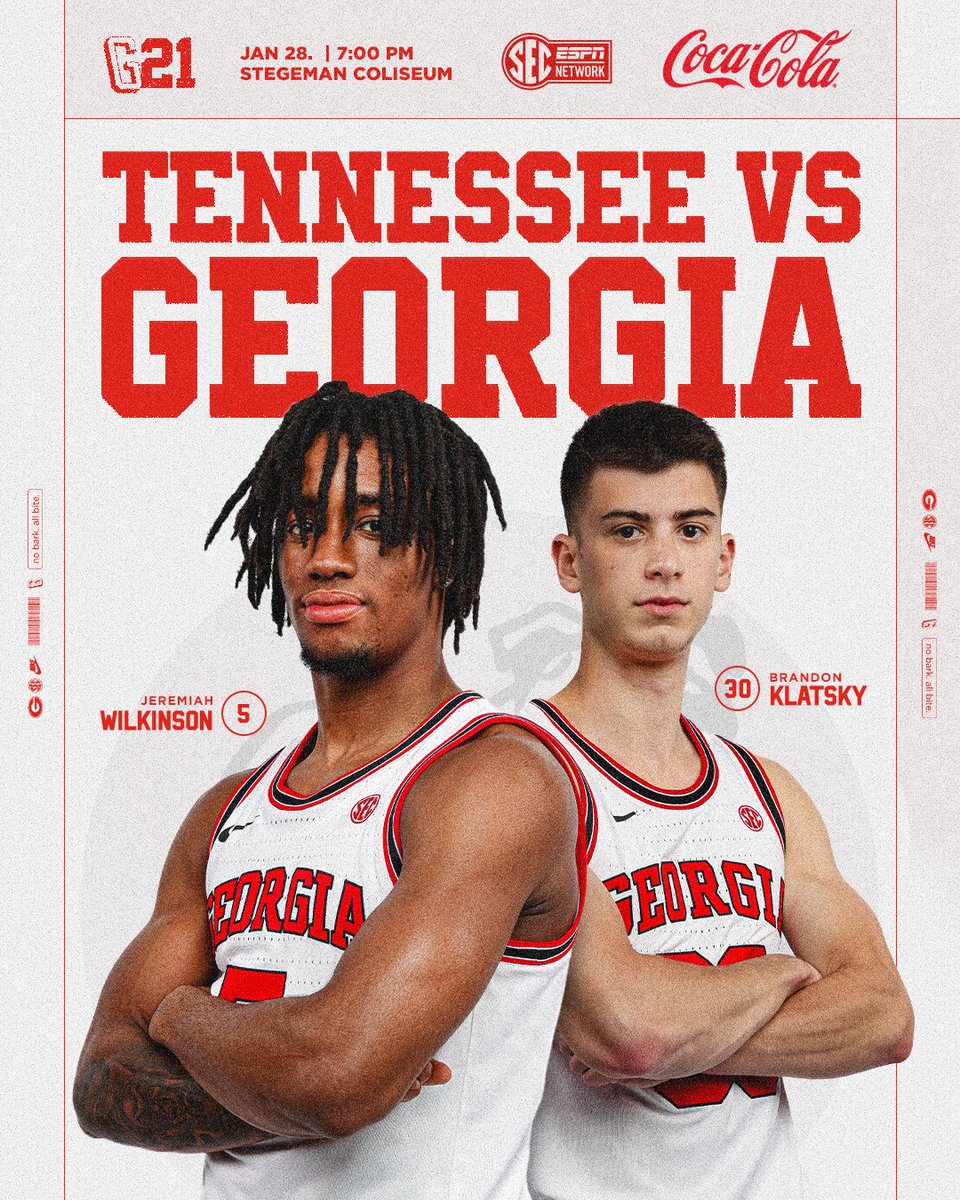 Back in the Steg ‼️

🆚 Tennessee  
🕗 7:00 p.m. ET
📍Stegeman Coliseum
📺 SEC Network
📻gado.gs/csc
🎟️ gado.gs/mbbtix

#GoDawgs | <a href="/CocaCola/">Coca-Cola</a>