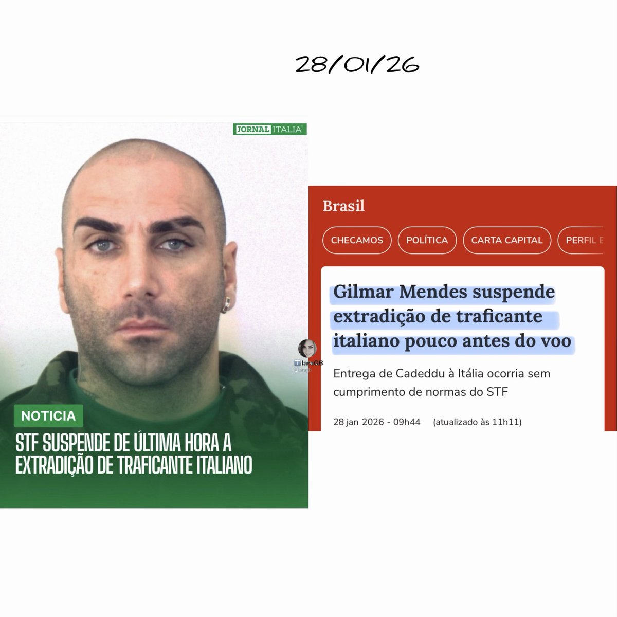 Tem cheirinho de barganha com presos brasileiros na Itália⁉️

Ministro suspendeu a extradição do traficante italiano Marco Cadeddu, alegando descumprimento de normas do STF, horas antes do embarque previsto no Aeroporto de Guarulhos.