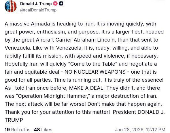 SinaToossi's tweet photo. Iranians didn’t protest for Trump. They protested for dignity and change.

Yet Trump encouraged escalation—urging them to “take institutions” and risk bullets, promising “help is on the way.”

Today, there’s no mention of the thousands of dead.

Only war threats and ultimatums about “NO NUCLEAR WEAPONS.”

For him—and many other external actors—Iranian lives are just leverage: to be used, then discarded, when opportune and as cynical self-interest demands.

However this situation proceeds, it's a movie we’ve seen many times.

Libya was “Responsibility to Protect.”

Fifteen years later: civil war, fragmentation, chaos—and no one cares. Certainly none of the people who launched the military intervention in the first place.

Syria was also exploited by a parade of cynical actors. 

Now some of the same forces (Israel & its allies in the US) push fragmentation post-Assad, while Trump courts the new power brokers in Damascus and is totally indifferent to who gets trampled, such as the Kurds.

None of this comes from solidarity.

It is the logic of self-interested power, where human lives matter only insofar as they can be leveraged.

Ethics, morality and ideas of the "common good" are not at all the priority.