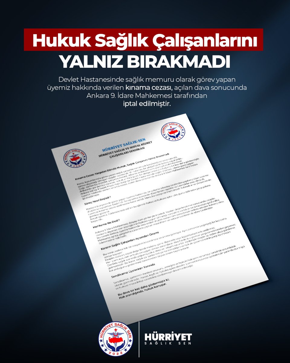 Ankara’da bir devlet hastanesinde sağlık memuru olarak görev yapan üyemize verilen haksız kınama cezası, açtığımız dava neticesinde mahkeme tarafından iptal edildi.

Soyut iddialar yargıdan döndü!

Disiplin cezası tüm sonuçlarıyla ortadan kalktı.

Yargılama masraflarının idarece
