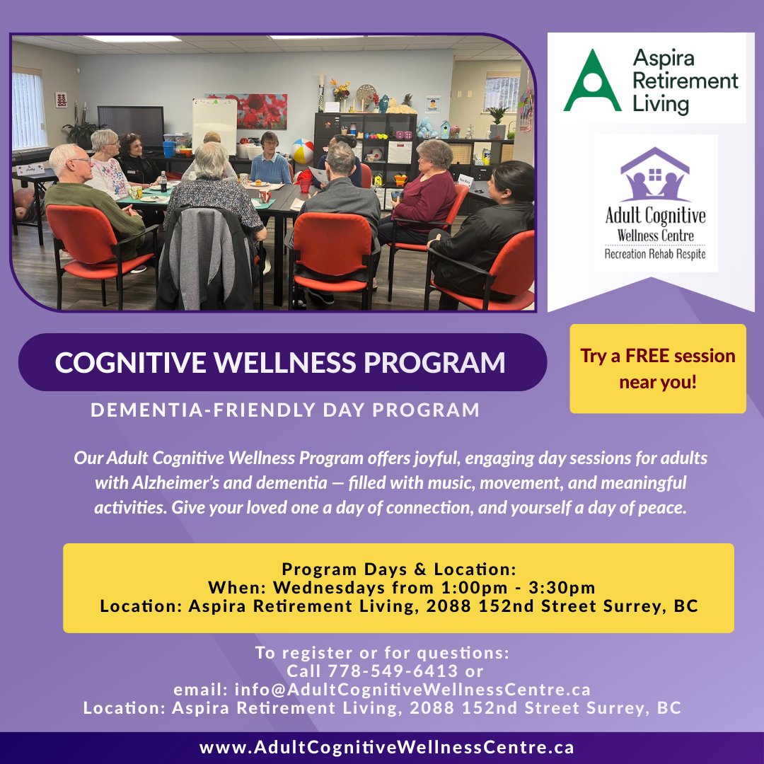 Contact us to arrange a trial at Call 778-549-6413 or email info@AdultCognitiveWellessCentre.ca
Visit our website here: AdultCognitiveWellnessCentre.ca 
#dementiacentrewithoutwalls #dementia #dementiacare #seniorcare #caregiversupport #dementiasupport #adultdayprogram #Alzheimersociety