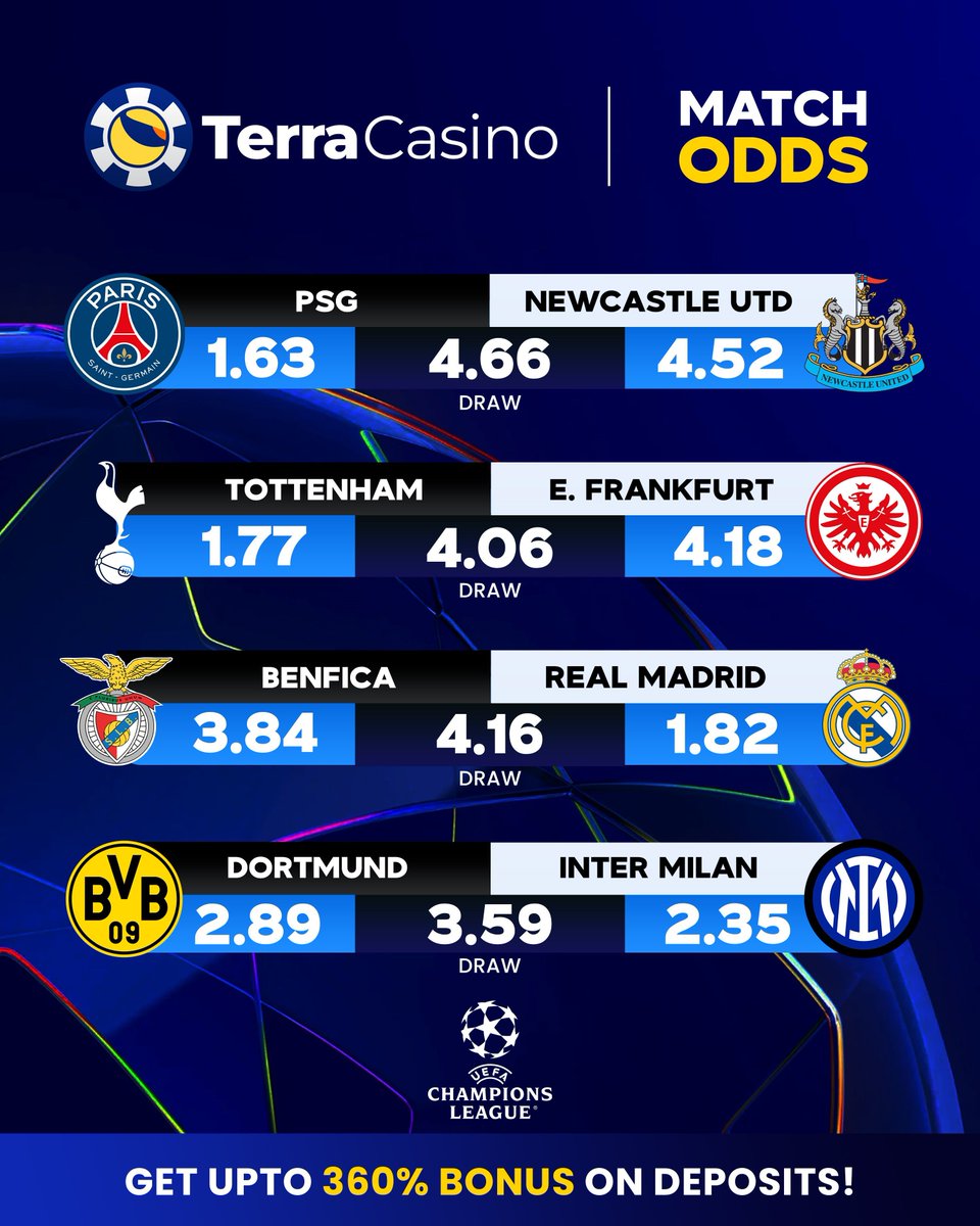 TerraCasino_io's tweet photo. ๐ Final matchday of the group stage.
Everything on the line across Europe tonight.
Get up to 360% bonus on deposits ๐
๐ Visit here: https://t.co/Y1WsFzylCr
#UCL #ChampionsLeague #FinalMatchday #FootballBetting #CryptoCasino #Sportsbook #TerraCasino https://t.co/mrbFWiAZDb