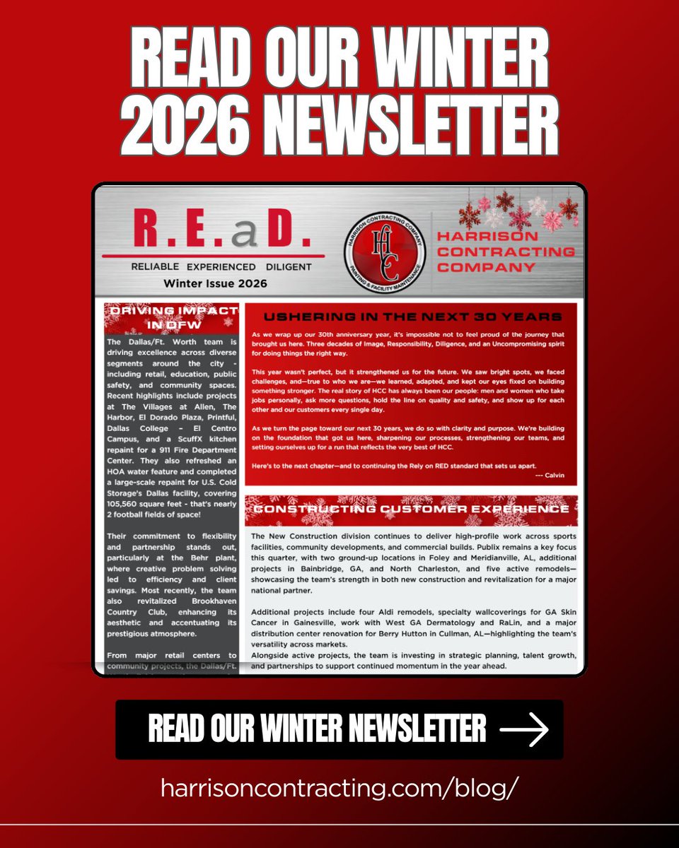 Our first newsletter of the year is out, and it marks an exciting moment for Harrison Contracting as we look ahead to the next 30 years.

Take a few minutes to read through the latest: harrisoncontracting.com/winter-2026-ne…

#HarrisonContracting #RelyonRED #CommercialPainting