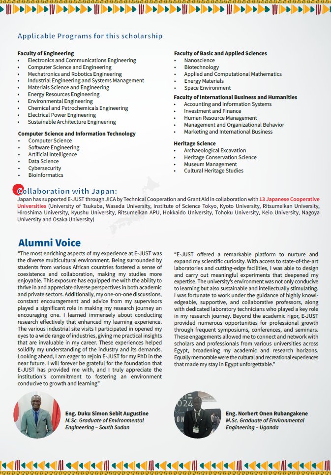 AAU_67's tweet photo. #Opportunity for African Postgraduate Students!
Egypt-Japan University of Science and Technology (#EJUST) has opened Fall 2026 international postgraduate admissions, alongside the TICAD8 African Scholarships for Science, Technology, and Innovation (STI).
The #scholarship supports African (non-Egyptian) students to pursue MSc programmes across #Engineering, Basic & Applied #Sciences, #ComputerScience & #IT, #InternationalBusiness & #Humanities, and #HeritageScience.
📅 Application deadline: 15 February 2026
🌍 Apply online only: https://t.co/iKm9Eakgm8
🎓 Scholarships info: https://t.co/QP31HKgLdk