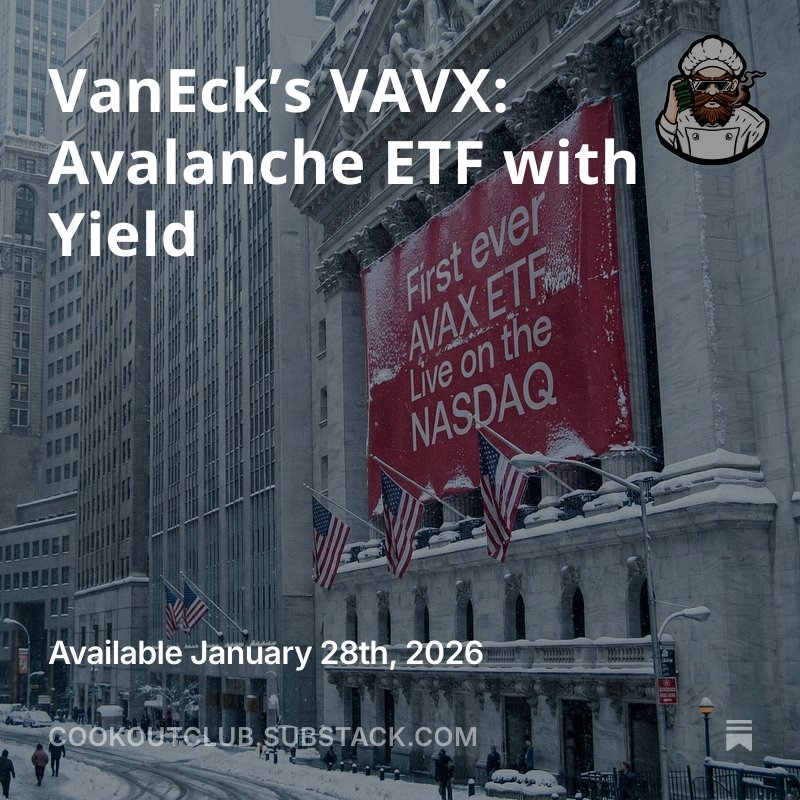 cookoutclubxyz's tweet photo. This week's newsletter just went live!

We’re diving into the newly launched VanEck Avalanche ETF (VAVX).

Discover everything you need to know about the first staking-enabled AVAX ETF, from how it works to who should consider it. 

Link in comments 👇🏻 https://t.co/RNcDnouwOw