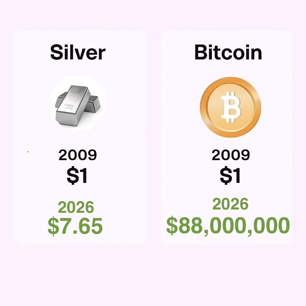 🚨 The story of $1 in 2009… told in two completely different worlds.  Silver: 2009 → $1 2026 → $7.65 Bitcoin: 2009 → $1 2026 → $88,000,000 😳🚀  Same starting point… But