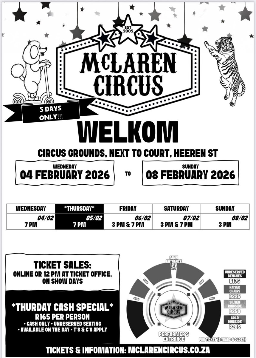 mclarenscircus's tweet photo. Book online now for #McLarenCircus All-New 2026 Show in #Welkom from Wed to Sunday 8 February🎪😂🐯🦁🐴🐩😍❤️
#Matjhabeng #Lejweleputswa #Bloemfontein #Bothaville #CircleCity #Goldfields #Kroonstad #Odendaalsrus #Riebeeckstad #FreeState
Buy Tickets Online: https://t.co/Y5XPaa1RcI https://t.co/CiCSfppLl5