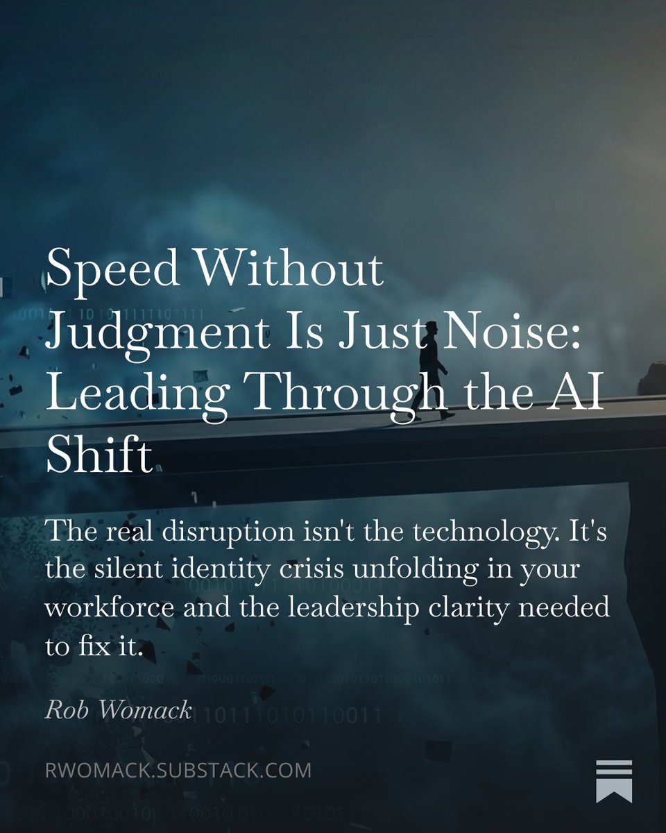 RobWomack's tweet image. We are confusing speed with value.

As AI makes intelligence a commodity, your competitive advantage is no longer the tech—it’s the culture that wields it.

The future belongs to leaders who can stay human when the work changes.

open.substack.com/pub/rwomack/p/…