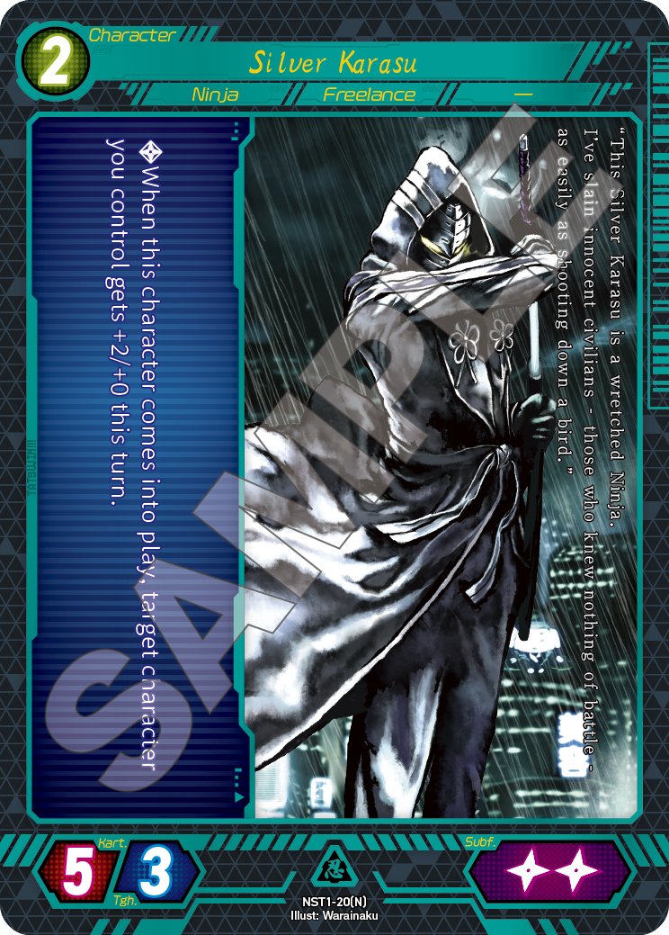 TCGCOLTD's tweet photo. #NinjaSlayer #NinjaSlayerTCG
English Edition “NINJA SLAYER TCG #1” Card Spotlight 🍣
Today’s featured card is — “Silver Karasu"!
When this character comes into play, target character you control gets +2/+0 this turn. https://t.co/Vpt1O4S66r