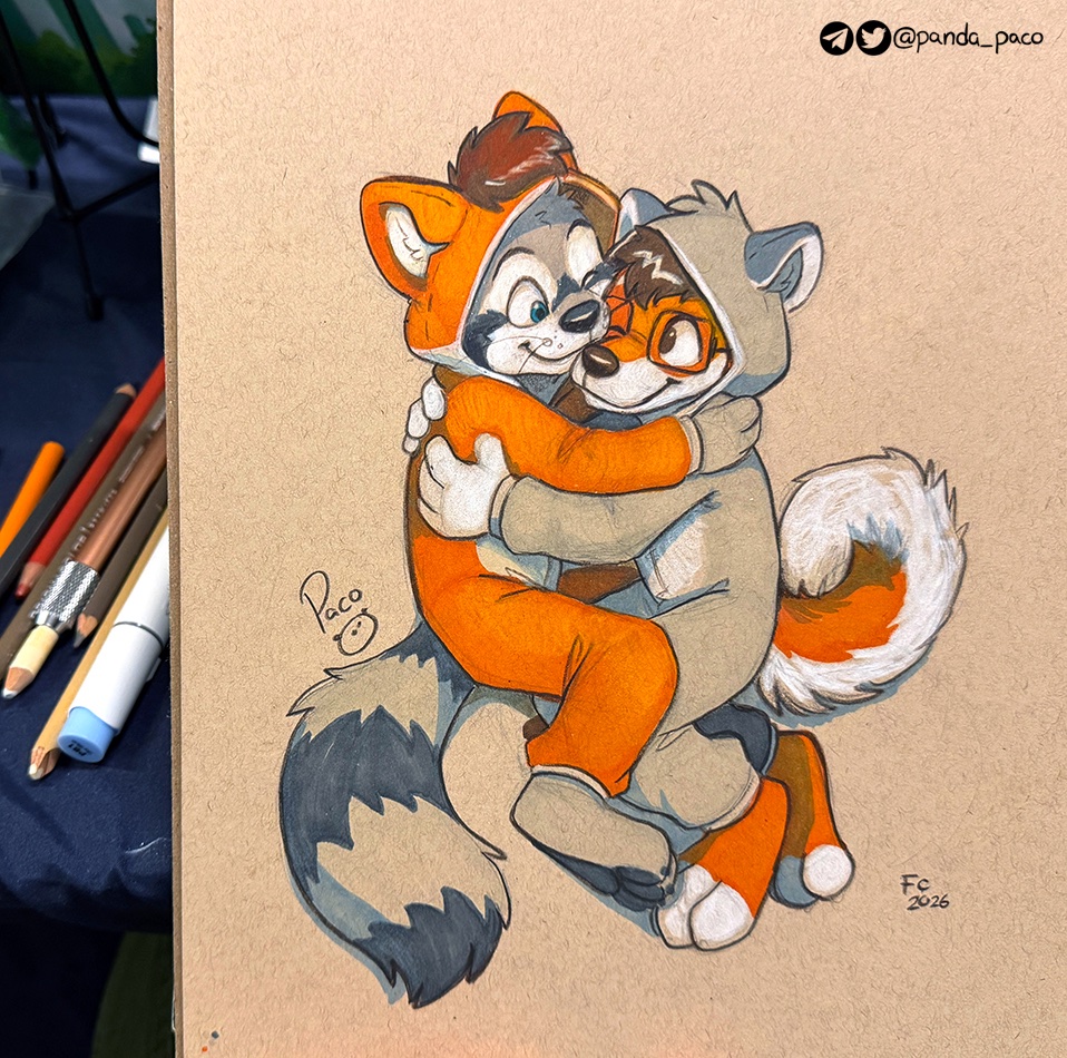 panda_paco's tweet photo. After a long day, Daruin the raccoon and Shiranai the shiba inu share a quiet moment together. A simple kigu swap, wearing what reminds them of the special one, and keeping it close a little longer.
Piece for @DaruinDasan and @Shiranai225 , done during FC’s Artists Alley. https://t.co/FwHw3UWU02
