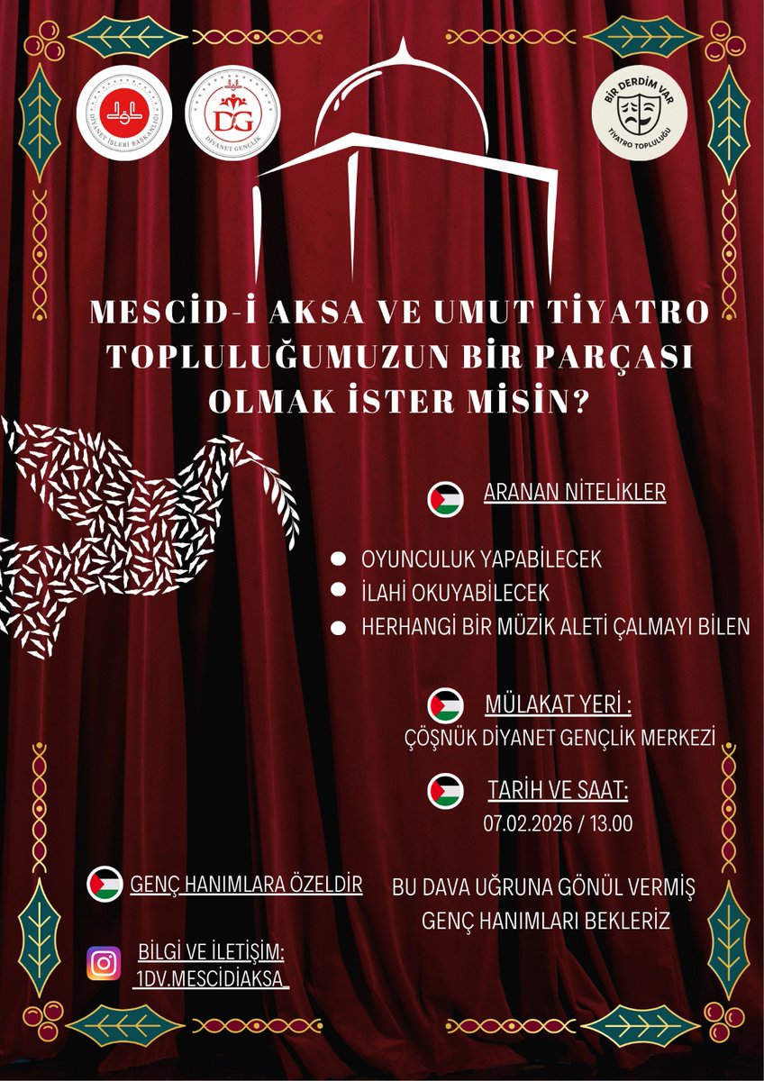 Azize_1234's tweet photo. BİR DERDİM VAR "Mescidi Aksa ve Umut"topluluğu tiyatro oyuncusu ,ilahi söylebilen ve herhangi bir müzik aleti çalabilen ekip arkadaşı arıyor. https://t.co/CoNRyCPidz