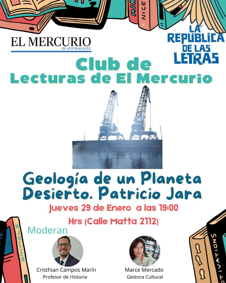 Mañana jueves, seguimos fascinados con el #Antofagasta portuaria que se fue.
Les esperamos en @elclubdelecturas a las 19, el café lo servimos nosotros.
Junto a <a href="/ccamposmarin/">Cristhian Campos</a> en el Salón de eventos de <a href="/mercurioafta/">El Mercurio de Antofagasta</a>