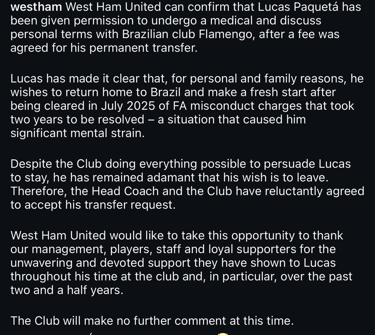 West Ham anuncia oficialmente a saída de Lucas Paquetá.

“West Ham United pode confirmar que Lucas Paquetá recebeu permissão para realizar exames médicos e discutir termos pessoais com o clube brasileiro Flamengo, após um acordo ter sido alcançado quanto à taxa de sua