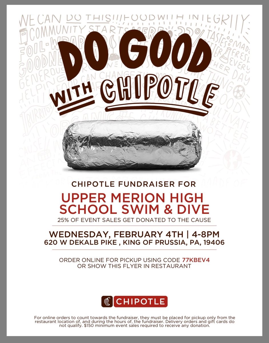 Mark your calendars! Next Wednesday enjoy Chipotle and benefit the UMAHS Swim &amp; Dive team. Enjoy!