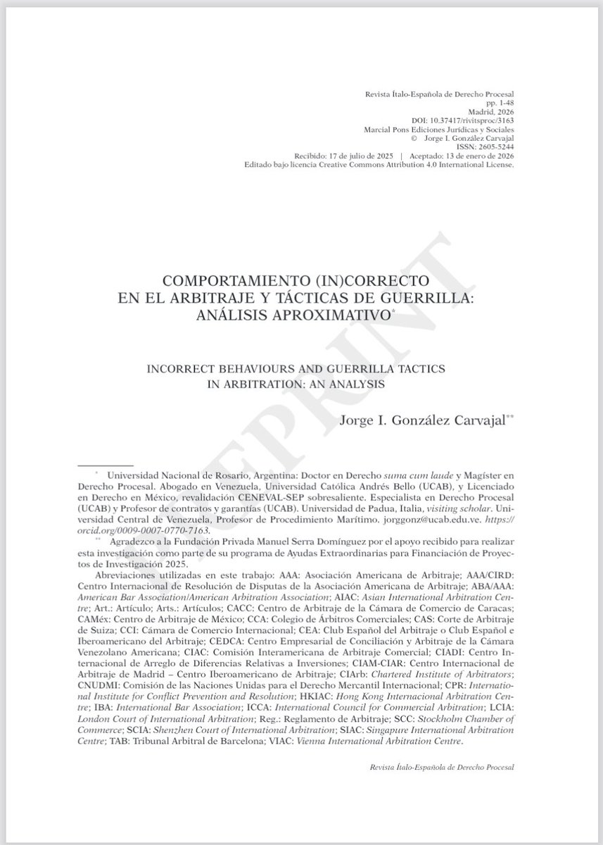 Feliz de compartir la publicación de mi artículo sobre el comportamiento (in)correcto en el arbitraje y las tácticas de guerrilla revistasmarcialpons.es/rivitsproc/art… Un aporte al debate sobre integridad y buenas prácticas en la resolución de disputas. Gracias a <a href="/RivProc/">Revista Ítalo-Española de Derecho Procesal</a> por el espacio.