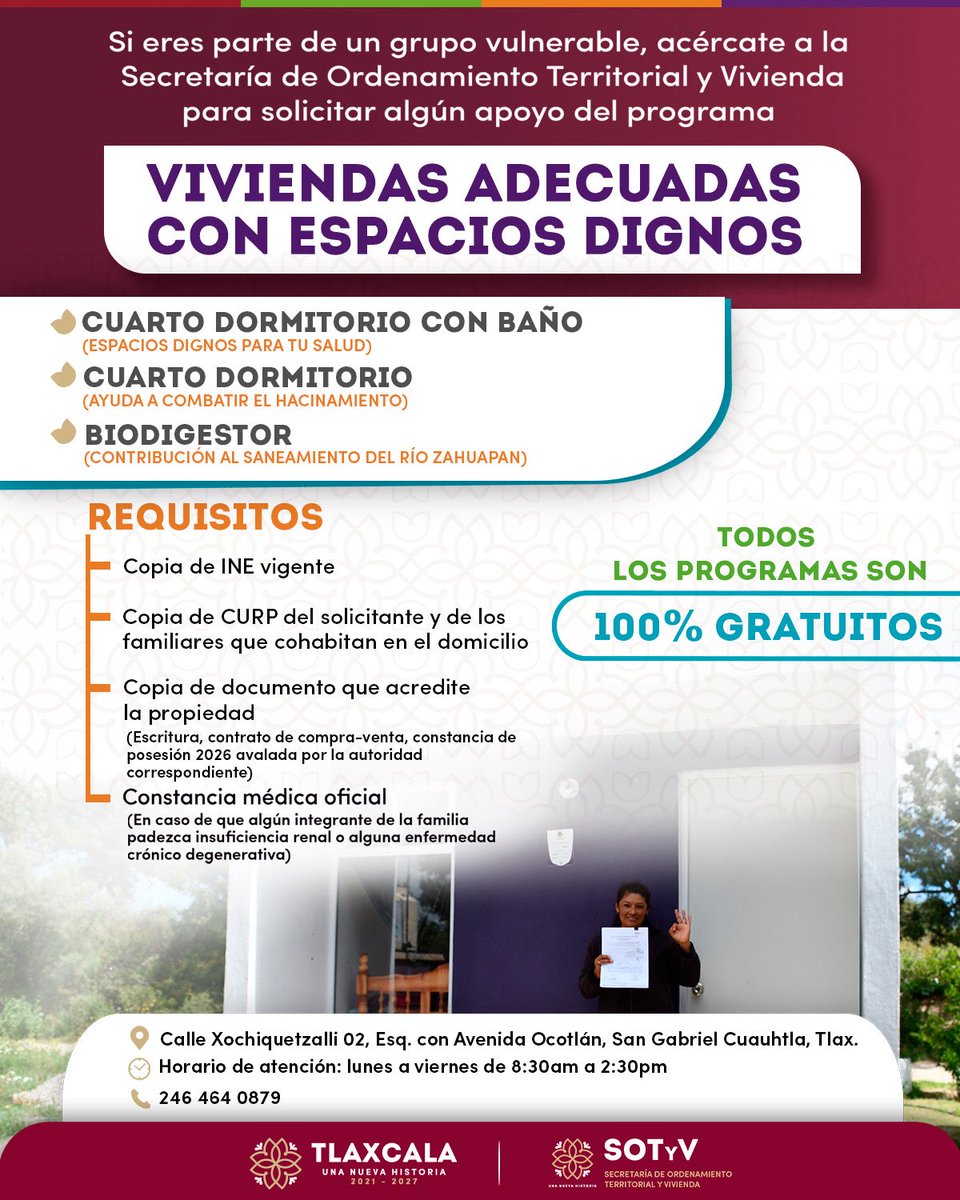 🌞 Viviendas adecuadas con espacios dignos

🏠 Solicita apoyo si eres parte de un grupo vulnerable, acércate a la Secretaría de Ordenamiento Territorial y Vivienda.

🔺 Cuarto Dormitorio con Baño
🔺 Cuarto Dormitorio
🔺 Biodigestor

☎️ Llama para mayor información: 246 464 08 79