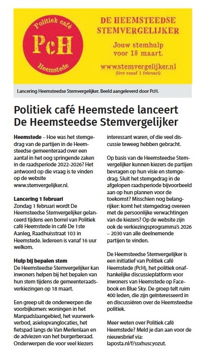jeevanooijen's tweet image. Vandaag in weekblad De Heemsteder.
Jullie zijn zondag 1 februari vanaf 16.00 uur welkom in café De 1ste Aanleg in #Heemstede.
stemvergelijker.nl
#gemeenteraadsverkiezingen #stemhulp #DeHeemstedseStemvergelijker #PolitiekCaféHeemstede