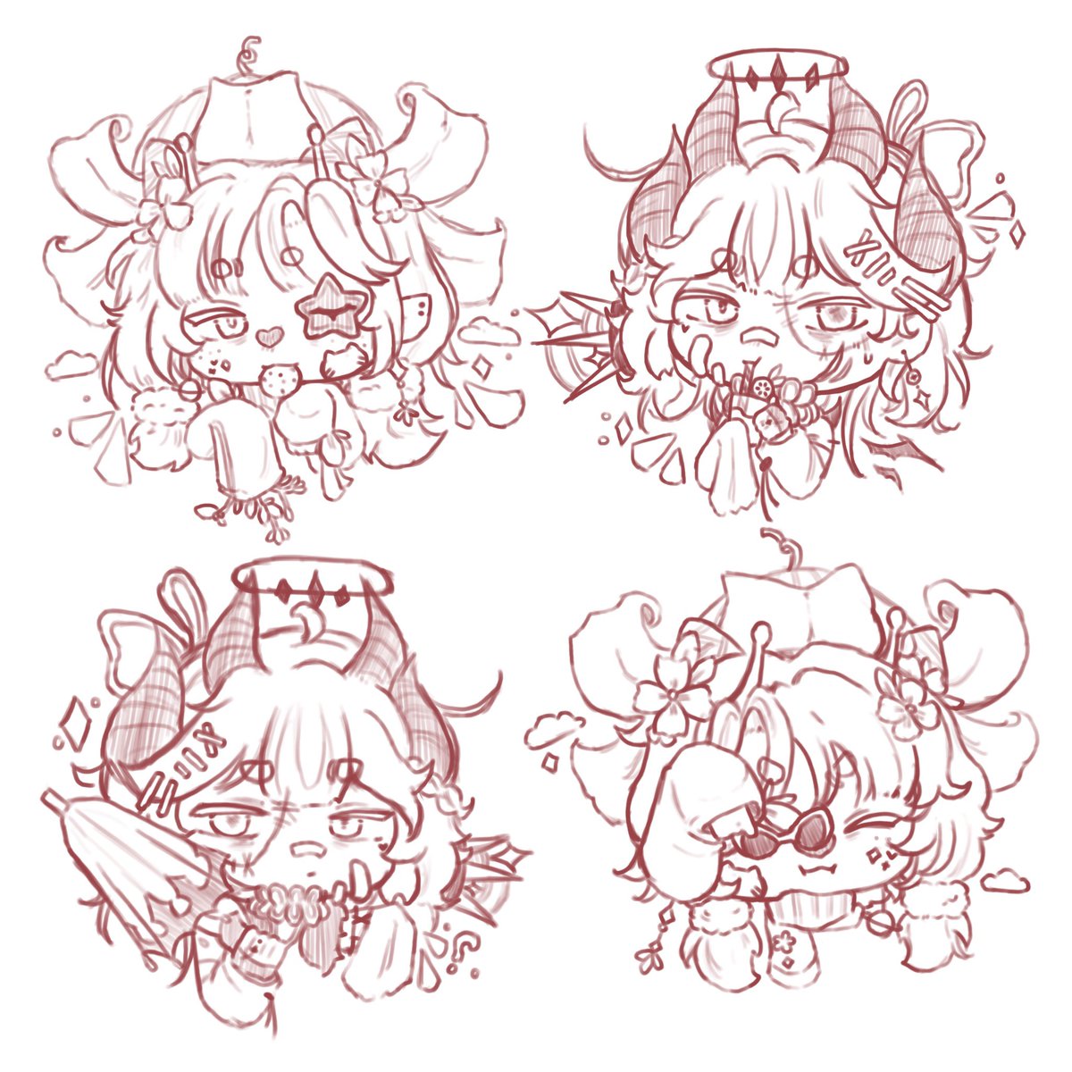 Hello everyone!
I want to ask something
I actually have some free time and I wanted to draw something 
Can anyone send their oc so I can draw them in little chibi like these? ( I will draw some of them)
You can also request on what they are doing or what expression you like!💜💜