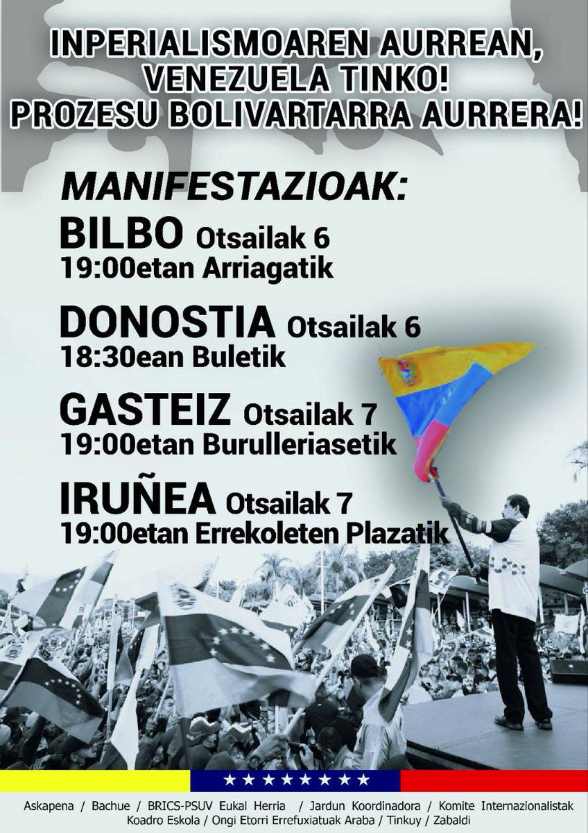 Askapena's tweet photo. 🇻🇪 Venezuelatik egindako deialdi internazionalista gurera ekarriz, Hego Euskal Herriko hiriburuetan manifestazioak antolatu ditugu otsailaren 6-7rako✊

Inperialismoaren aurrean, Venezuela tinko!
Prozesu bolivartarra aurrera!
¡Comuna o nada!
¡Independencia o nada! https://t.co/goGoMLkoRB