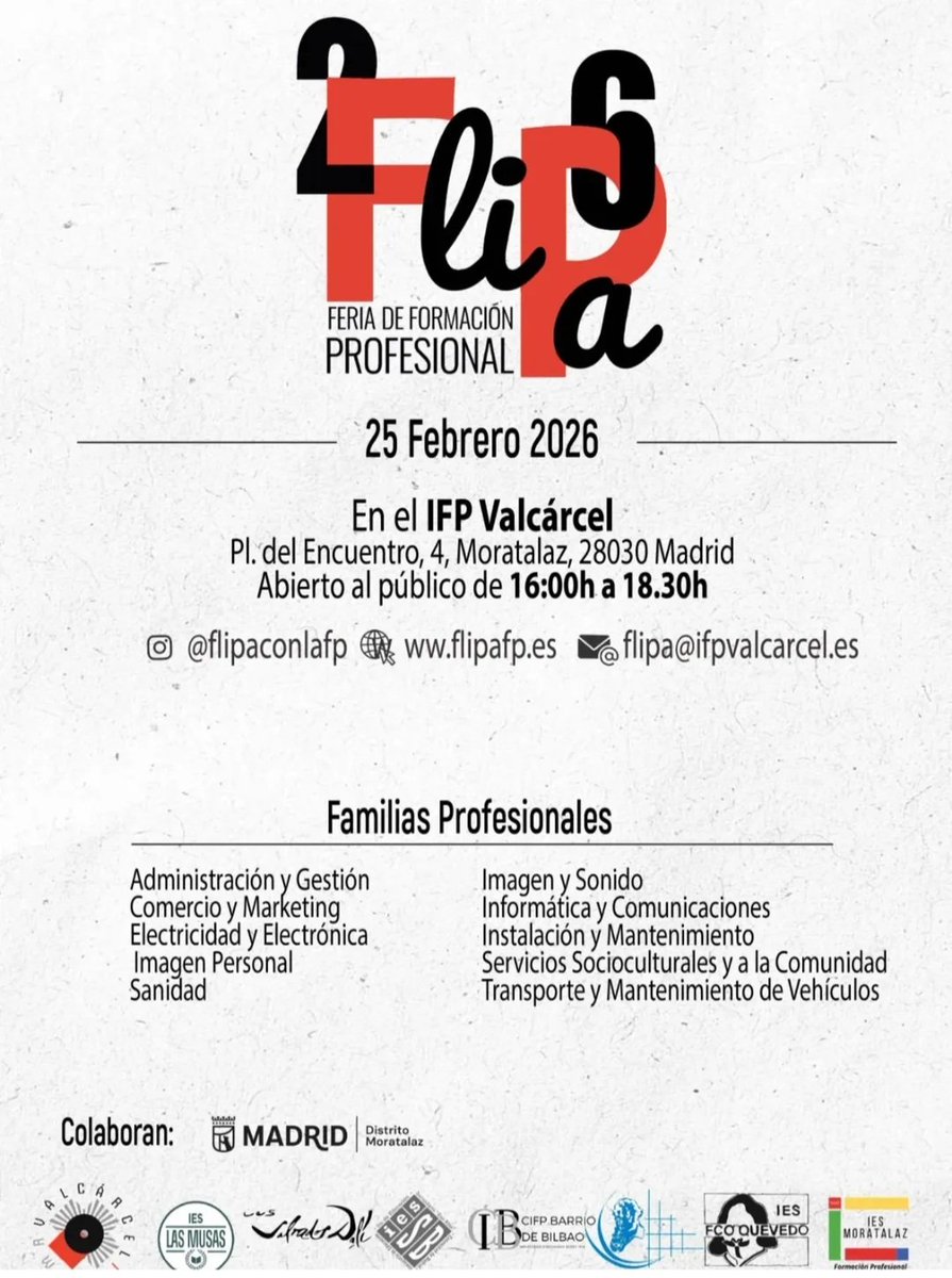 Feria de Formación Profesional 25 febrero 26. Invitados 4ESO y Bachillerato. Stands de 10:00 a 18:00h en IFP Carlos María Rodríguez de Valcárcel, con IES Las Musas, IES Fco de Goya, CIFP Barrio Bilbao, IES S. Blas, IES Moratalaz, IES Salvador Dalí e IES Fco de Quevedo #EPAS 🇪🇺🇪🇺