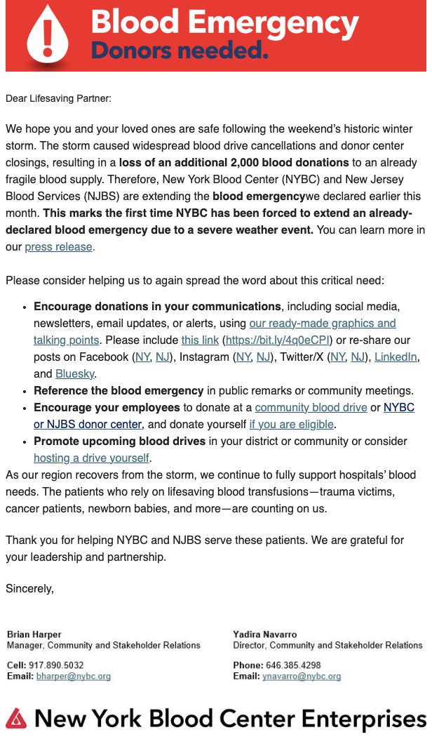 Blood Emergency in New York and New Jersey!
Severe winter weather has disrupted thousands of donations, leaving our region’s blood supply dangerously low. If you’re eligible, please consider donating, lives depend on it.
