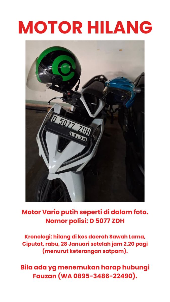 futariwithyou's tweet photo. #motorhilang #kehilangan #ciputat #maling #varioputih #sawahlama #uinjakarta #uin https://t.co/fO3czDqH4e