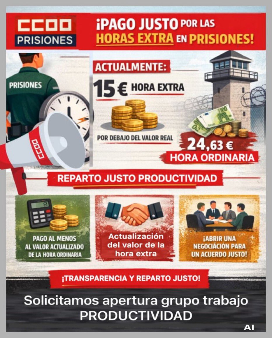 <a href="/Patio1315/">José equiparación salarial</a> <a href="/CCOO_Prisiones/">CCOO_Prisiones</a> 🔴 <a href="/CCOO_Prisiones/">CCOO_Prisiones</a> ya defendió en última Mesa Delegada actualización todos los conceptos de productividad y su revalorización

📌 Transparencia, reordenación del reparto y optimización de recursos ya están sobre la mesa por parte de <a href="/CCOO_Prisiones/">CCOO_Prisiones</a> .

Seguimos exigiendo hechos.