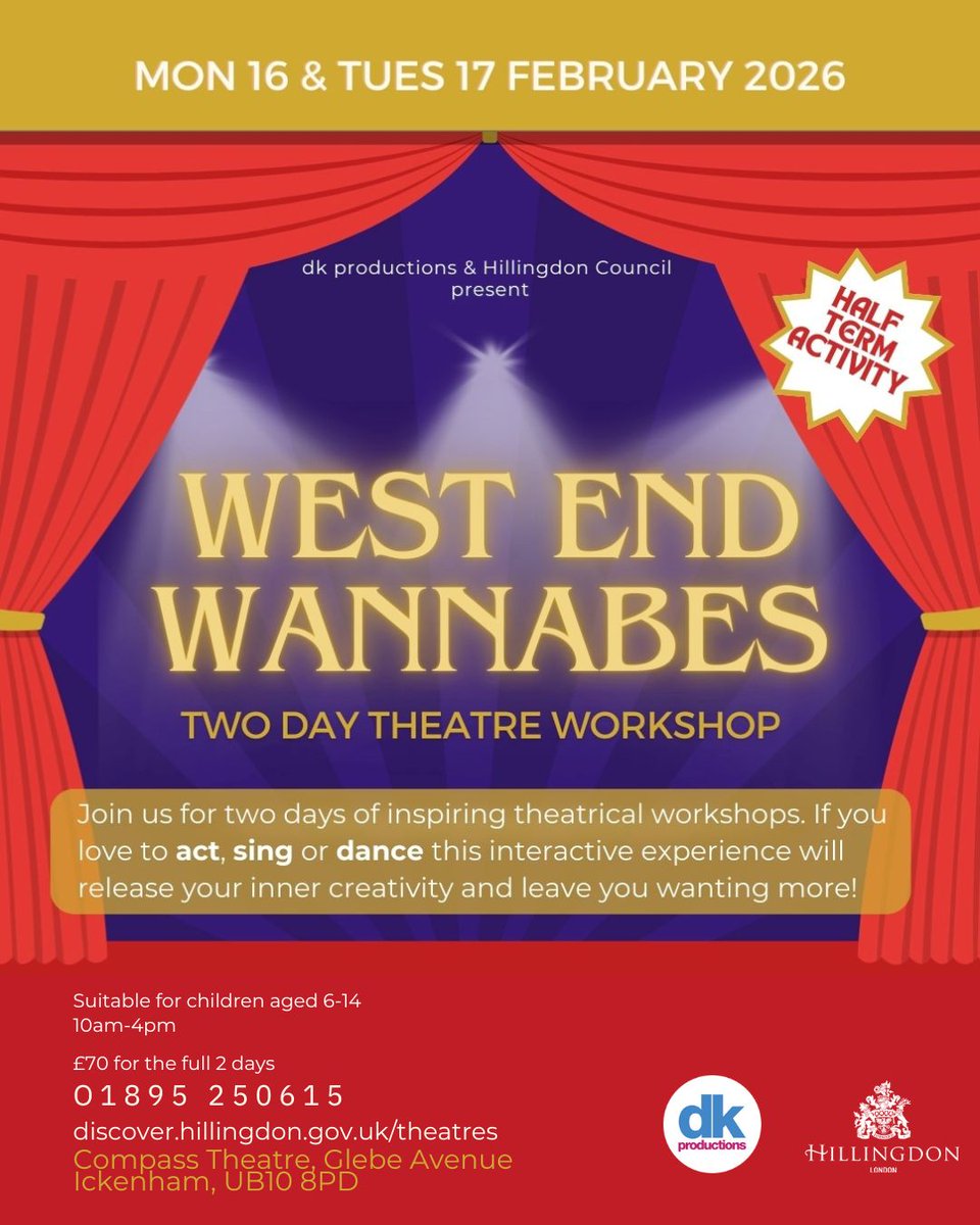 West End Wannabes Two-Day Theatre Workshop is back again this February half-term! 🤩

🗓 Mon 16 &amp; Tue 17 Feb from 10am to 4pm.

🎭 Places £70 for two days and suitable for those aged 6-14!

Places available to book here: discover.hillingdon.gov.uk/wannabe-worksh…