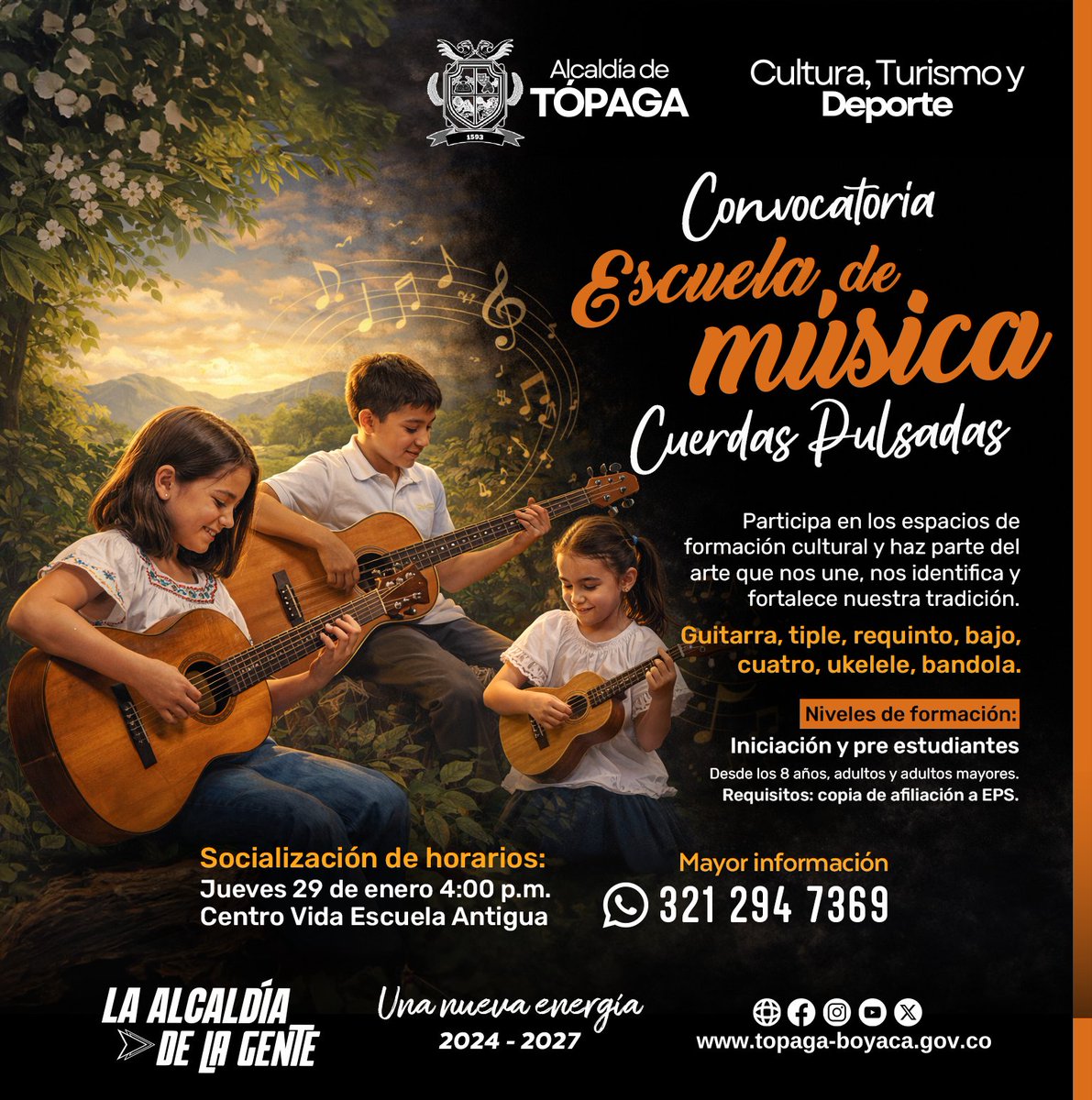 La Alcaldía de Tópaga invita a la comunidad a participar en la Escuela de Música – Cuerdas Pulsadas, un espacio de formación para aprender guitarra, tiple, requinto, bajo, cuatro, ukelele y bandola.
