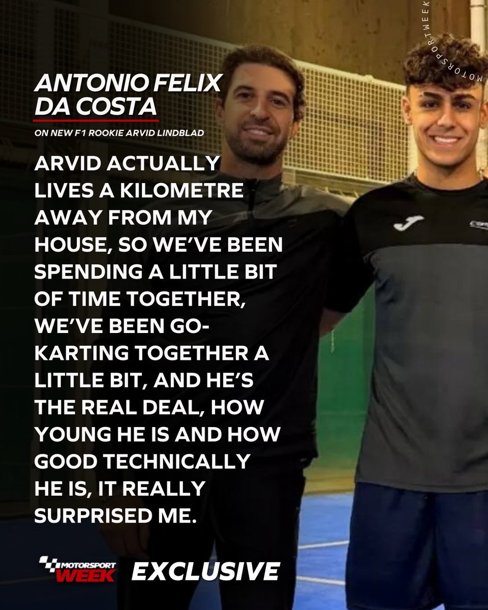 MotorsportWeek's tweet photo. Formula E star and former Red Bull junior driver Antonio Felix da Costa has backed Arvid Lindblad for a successful Formula 1 career, describing him as “the real deal”.

Full article > https://t.co/Bc8modroJT

#F1 #Lindblad #DaCosta https://t.co/aveTx5Cebi