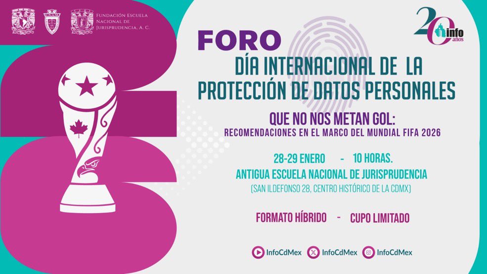 🔔¡Es hoy, es hoy!

Celebramos el  Día Internacional de la #ProtecciónDeDatosPersonales con el Foro: “Privacidad, Ciberseguridad y Confianza rumbo a la Copa Mundial de la FIFA 2026” ⚽️ que organiza el <a href="/InfoCdMex/">INFO CDMX</a>.

Inicia 10hrs, sigan la transmisión en vivo
youtube.com/live/V6nwZEa81…