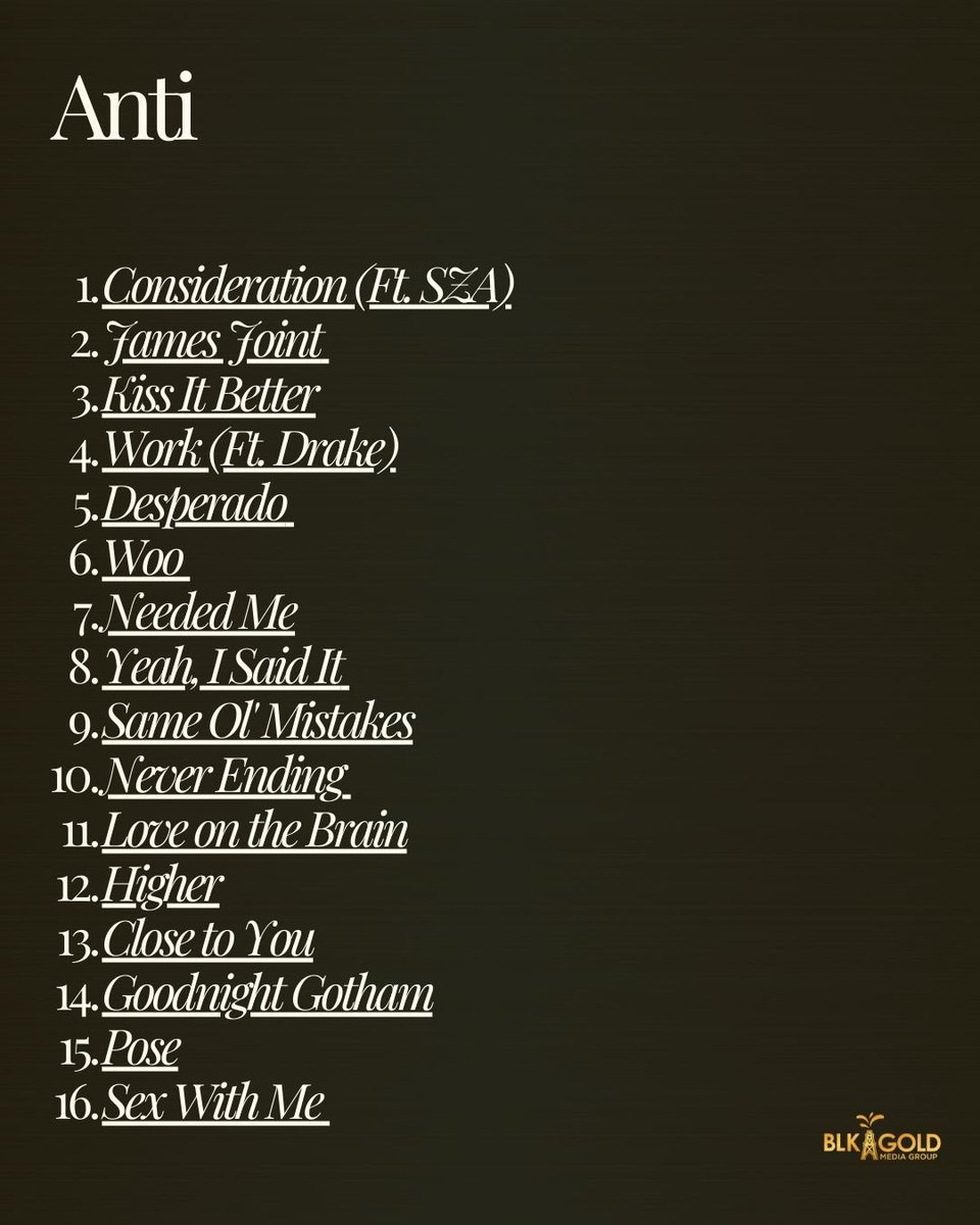 BlkgoldTV's tweet image. Whether #Rihanna releases another album again or not, she left us with a musical masterpiece.
Which track still hits from #Anti released #tenyearsago?