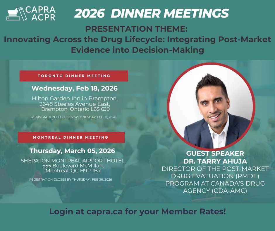 Exciting news! CAPRA is hosting Dinner Meetings in Toronto and Montreal featuring Dr. Tarry Ahuja from Canada’s Drug Agency (CDA‑AMC).
📷 Toronto – Feb 18 (Deadline Feb 11) capra.ca/tdm02182026
📷 Montreal – Mar 5 (Deadline Feb 26) capra.ca/030526mdm
Register today