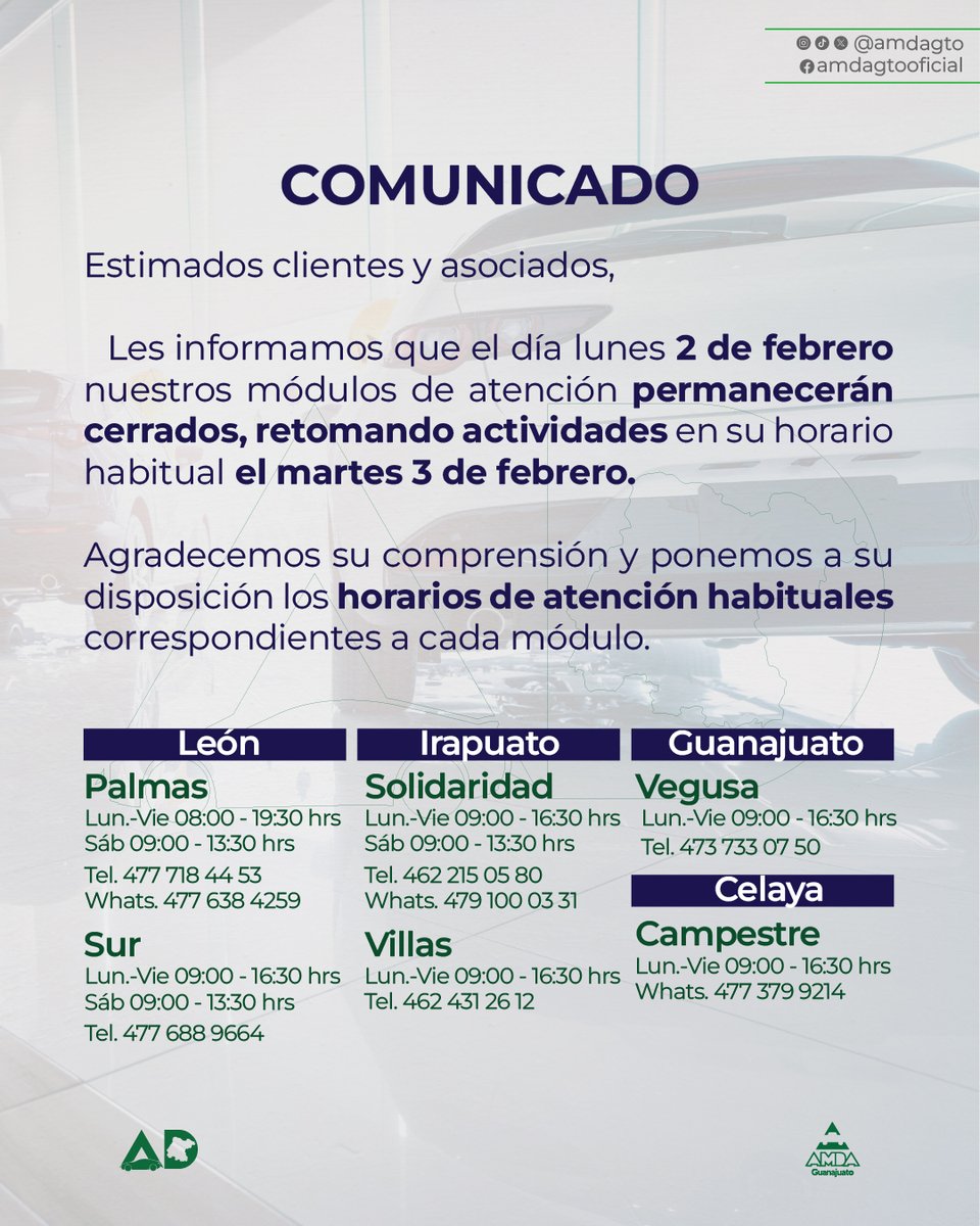 amdagto's tweet photo. COMUNICADO 2 DE FEBRERO

Estimados clientes y asociados,

Les informamos que el día lunes 2 de febrero nuestros módulos de atención permanecerán cerrados, retomando actividades en horarios habituales el martes 3 de febrero.

Agradecemos su comprensión.
#amdaguanajuato #Guanajuato https://t.co/qwruhrLo5V