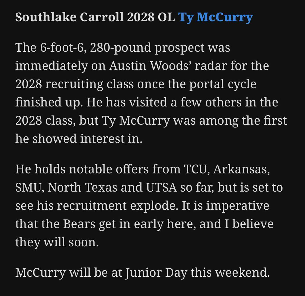 McCurryTy2028's tweet image. Thank you @GrayGrundhoefer!! Looking forward to visiting @BUFootball this weekend with my amazing teammates. 

#ProtectTheTradition

@SLC_Recruiting 
@CarrollDragonFB