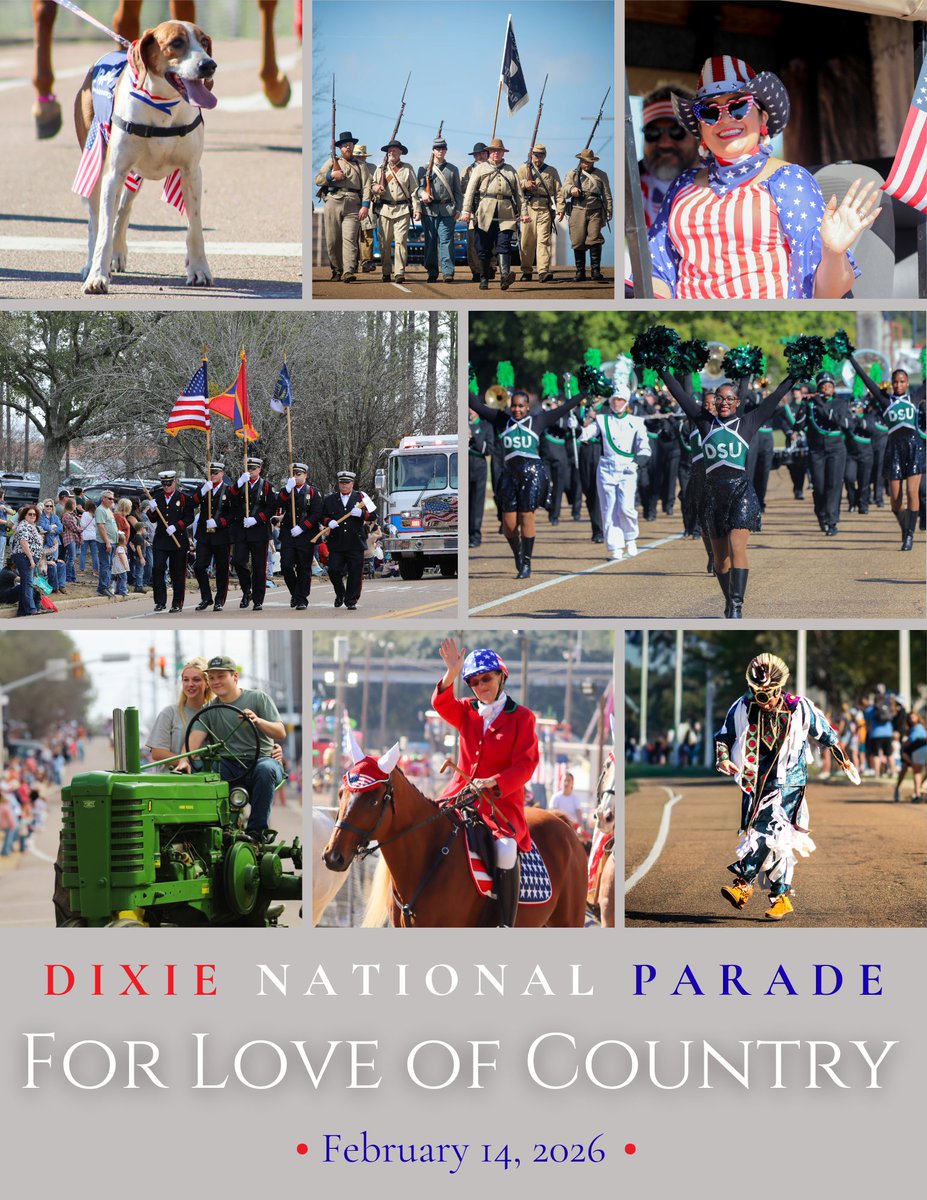 A parade of the people, by the people, for the people — join us Saturday, February 14, for the 2026 Dixie National Parade, "For Love of Country!" 

Free parking and the best views can be found around the State Capitol grounds along President, High and West Streets.