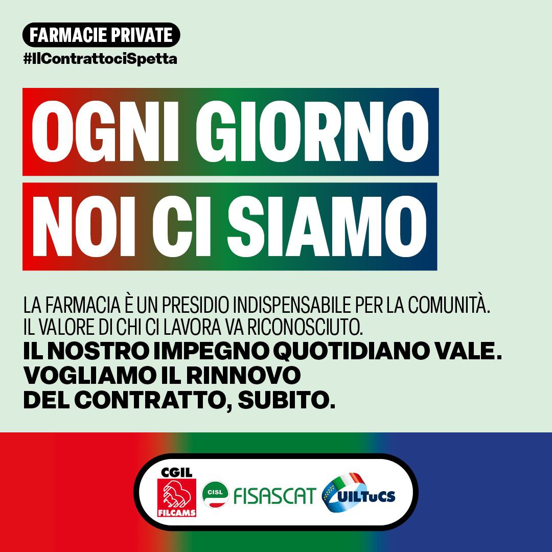🔴🟢🔵 #FarmaciePrivate: la farmacia è un presidio fondamentale grazie al lavoro quotidiano di chi ci opera.
✊ Dare dignità al lavoro significa rinnovare il contratto. Chiediamo solo ciò che ci spetta.
📢 Condividi!
👉 uiltucs.it/ccnl-farmacie-…
#IlContrattoCiSpetta