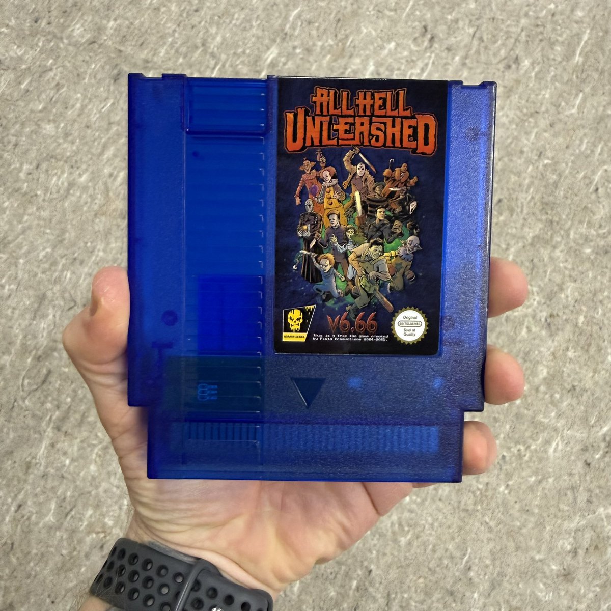 Colored carts of our NES homebrew All Hell Unleashed v6.66… in the flesh 😈🔥 Which one wins?