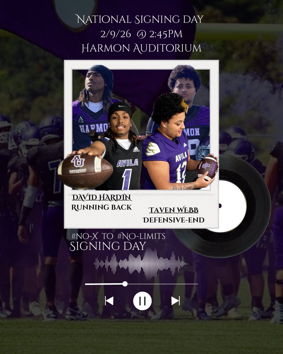 CoachO223's tweet photo. It’s official!! Signing Day Track drops 2/9/26!! 

Come support your Harmon Hawks Football program as These athletes sign their Letter of Intent to Avila University!
#NoXMentality To #NoLimits https://t.co/ZwEMYKa2Q5