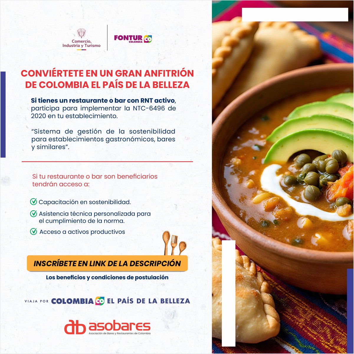 📣 Convocatoria para establecimientos gastronómicos con RNT activo

Invitamos a los restaurantes y bares con Registro Nacional de Turismo (RNT) vigente a postularse a la convocatoria para la implementación de la NTC 6496:2020 “Sostenibilidad para restaurantes y bares”.

✅ Al