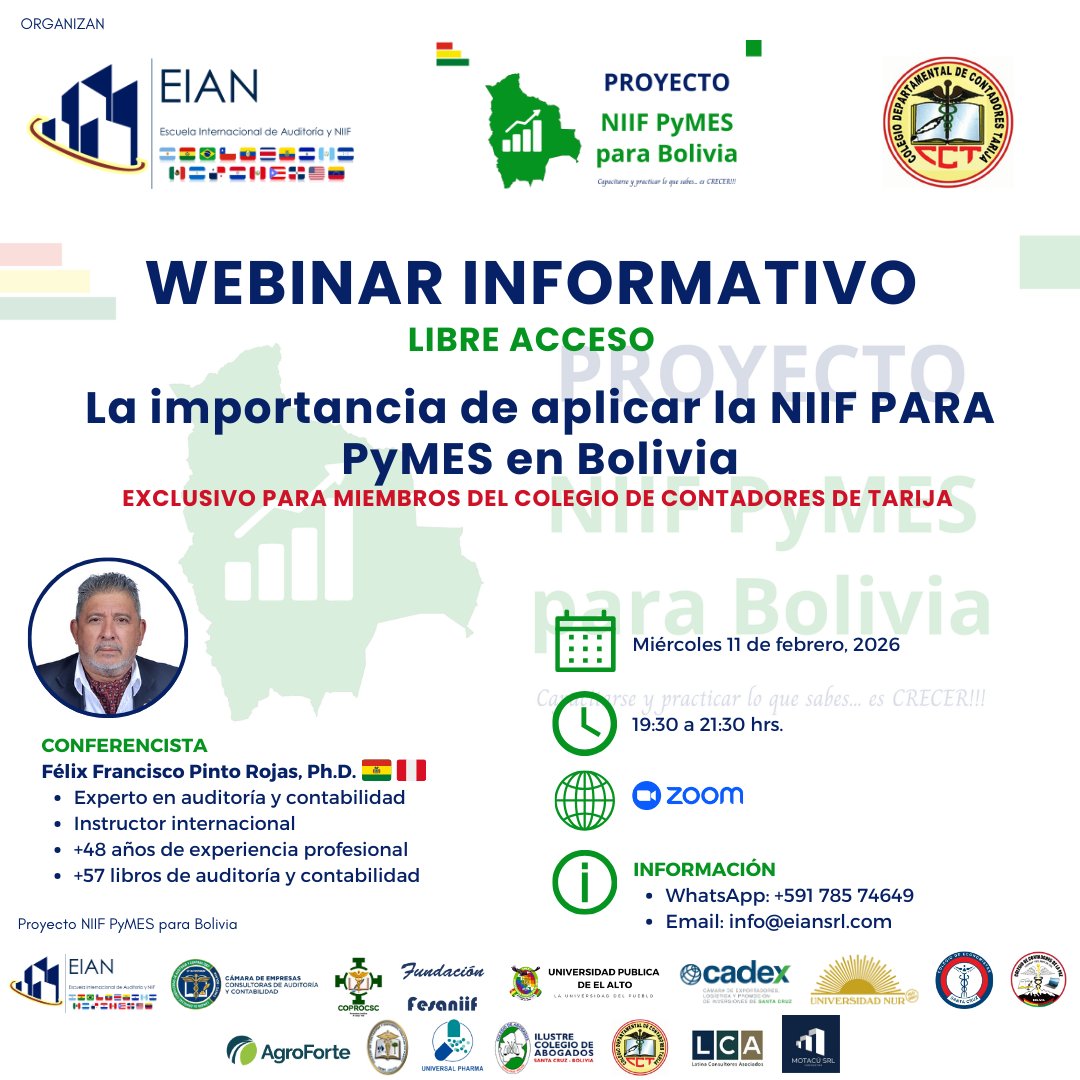 EIANsrl's tweet photo. 📌 WEBINAR INFORMATIVO

🎯 EXCLUSIVO PARA MIEMBROS DE “COLEGIO DEPARTAMENTAL DE CONTADORES TARIJA”

➡️ Contáctate con el Colegio Departamental Contadores Tarija, para información de acceso.

#Webinar #NIIFpymesBOLIVIA #ProyectoNIIFPyMESparaBolivia #EIAN #CCT #Bolivia https://t.co/oiIU9ptqek