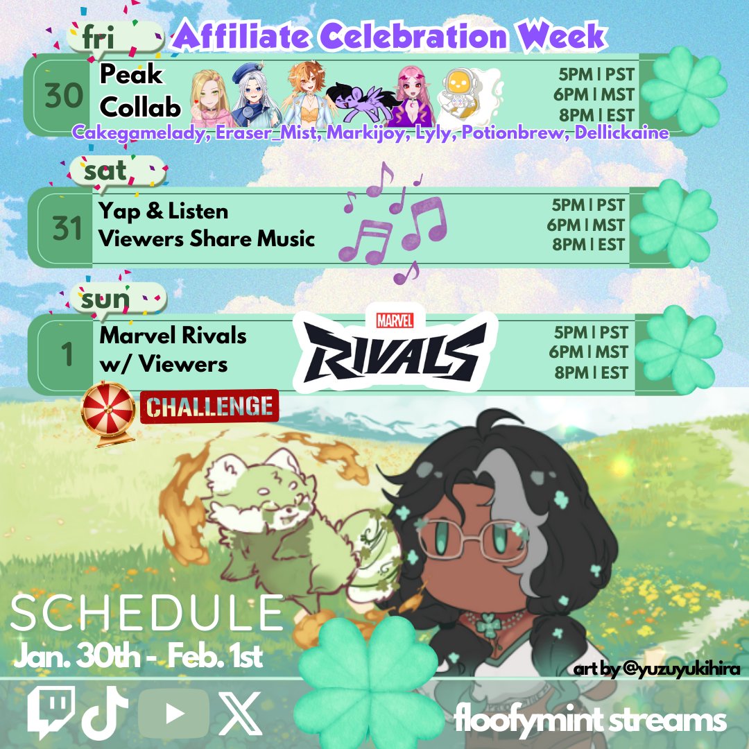 🎉Stream Affiliate Celebration Week - Subathon! 

🏔️Peak Collab <a href="/CakeGameLady/">Cake 🍰👢 | Pastry Chef Vtuber</a> <a href="/Eraser_Mist/">Eraser_Mist 🔍VTuber🔎</a> <a href="/Marki_Joy/">MarkiJoy☀️</a> <a href="/inklyn_/">lyly 🍜 ⊙⊝⊜</a> <a href="/potion_brew/">Fawkes 🔮⚰️ Vtuber</a> Dellickaine
🎶Yap &amp; Music Share
💥Marvels Spin The Wheel Challenge w/viewers

#Vtuber #VtuberEN