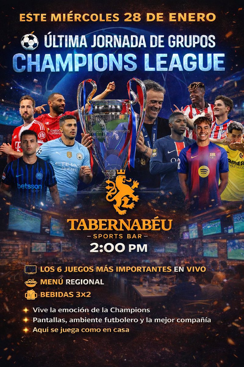 Miércoles de #ChampionsLeague2026 los esperamos con menú regional y promo en bebidas.