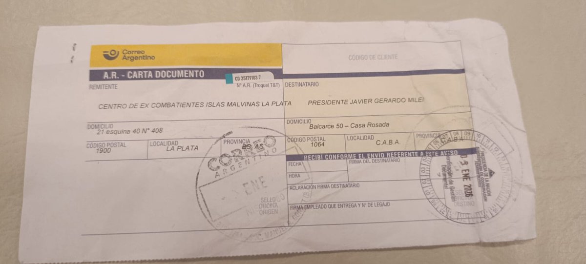 _betoalonso's tweet image. @cecimlaplata
@Agenda_Malvinas 
@AliciaCastroAR 
CARTA DOCUMENTO por la cual se intimó a Milei a retractarse por los dichos sobre los deseos de los habitantes ilegales en Malvinas en un medio de prensa de Gran Bretaña, fue recibida en Presidencia de la Nación. Silencio de Milei!!