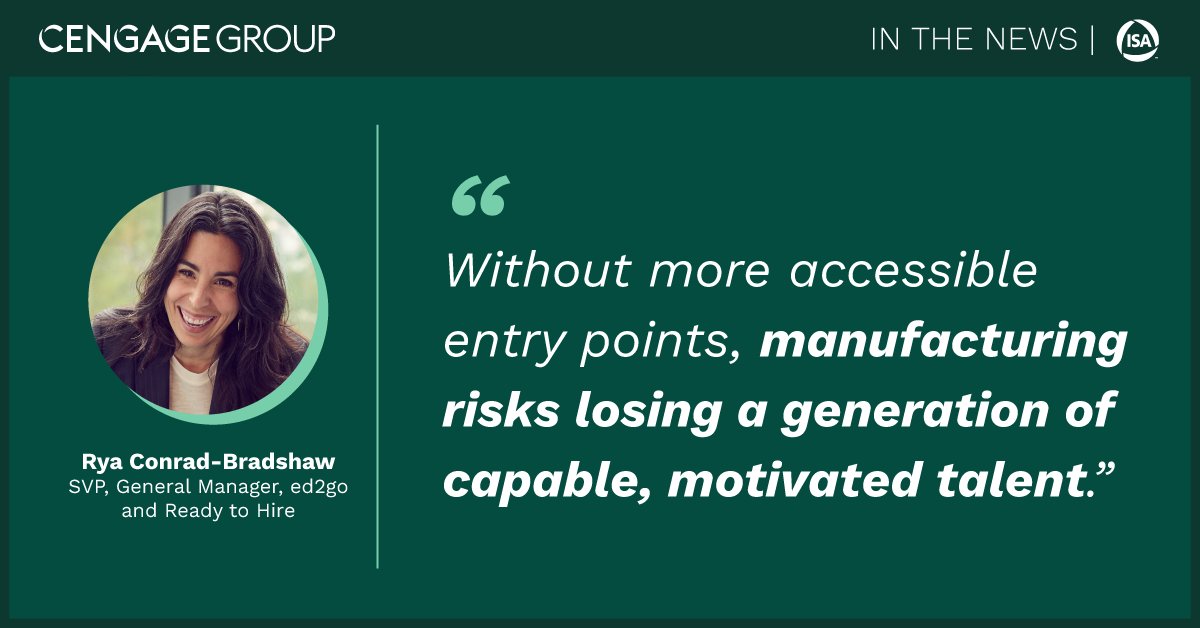 CengageLearning's tweet image. Manufacturers are facing talent gaps as the #workforce ages and fewer younger workers enter the field. That's why employer‑sponsored, consistent training and clear #career pathways make all the difference. Learn more in the latest from @automation_com: automation.com/article/manufa…