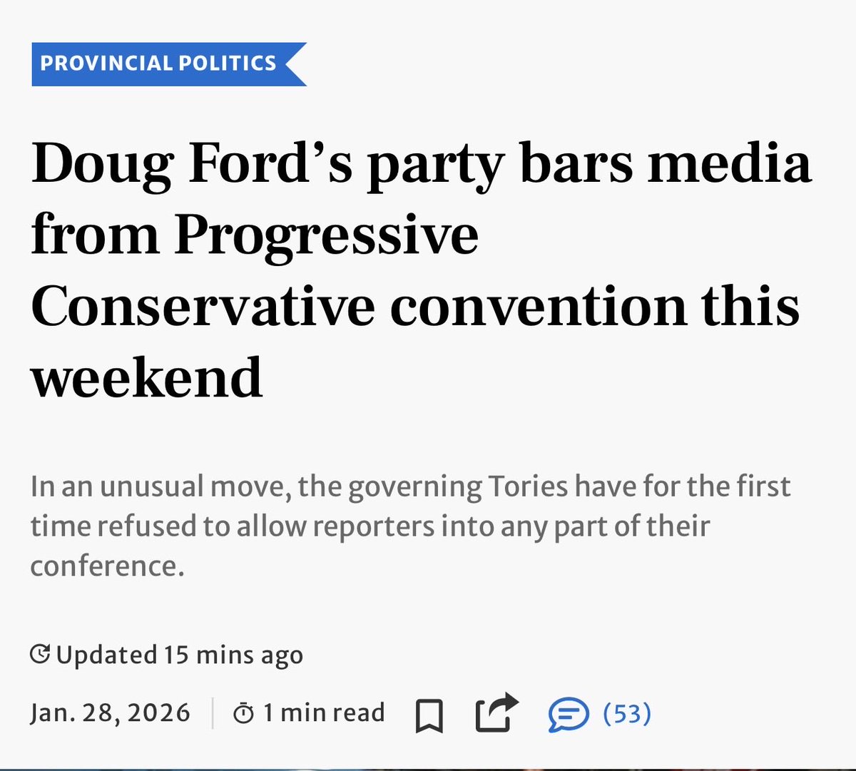 🇨🇦: Ontario PC convention bans media. 

Banning media is the first step in power consolidation. They want control of messaging without accountability.

By the time most realize their messaging is a lie, they’ll already have unchecked power.

thestar.com/politics/provi…