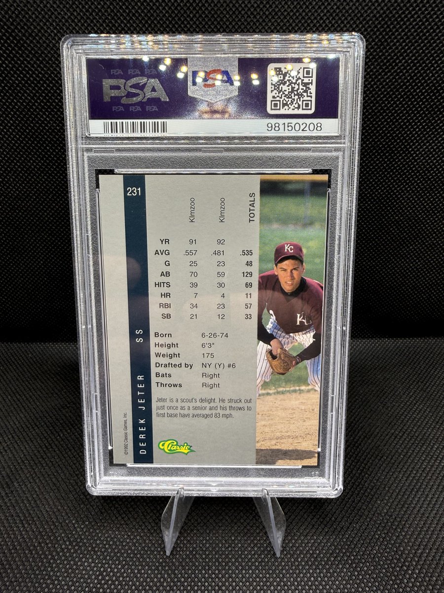 ECCardCo's tweet image. Day 5 PC reveal 🔥

Growing up in West Michigan, Derek Jeter was the standard. Kalamazoo roots, Michigan commit, and years watching #2 at shortstop. Finding him in his HS uniform on a field I played on made this a must-have. 

1992 Classic 4 Sport Derek Jeter PSA 9 @CardPurchaser