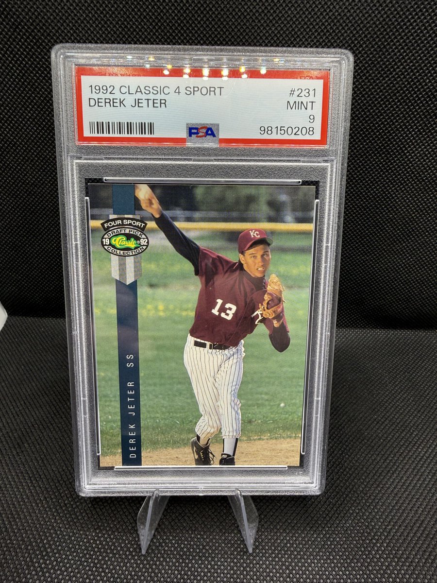 ECCardCo's tweet image. Day 5 PC reveal 🔥

Growing up in West Michigan, Derek Jeter was the standard. Kalamazoo roots, Michigan commit, and years watching #2 at shortstop. Finding him in his HS uniform on a field I played on made this a must-have. 

1992 Classic 4 Sport Derek Jeter PSA 9 @CardPurchaser